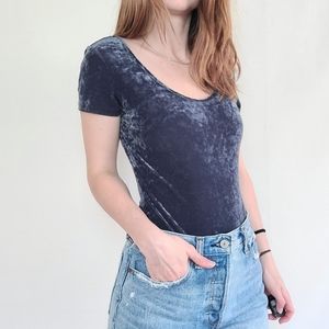 American Eagle Outfitters Navy Blue Crushed Velvet Low Back Bodysuit Top - Small